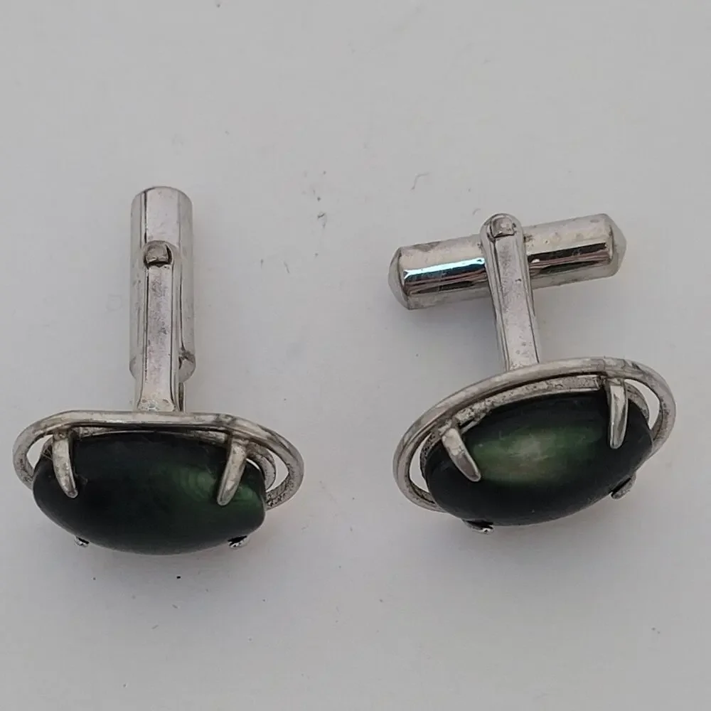 Abalone Shell Cufflinks Silver Tone Green Oval Cabochon Cufflinks Vintage Retro